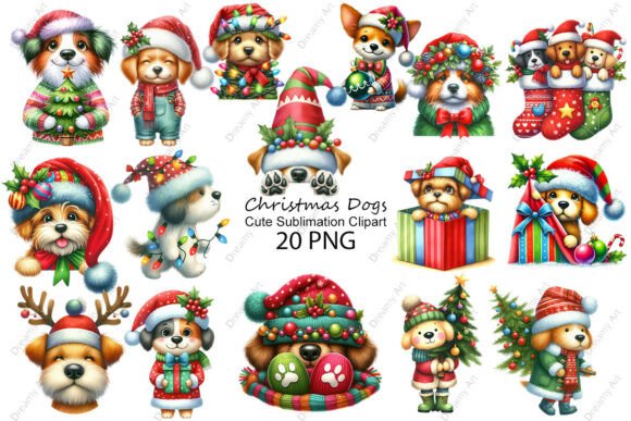 Cute Christmas Dogs Sublimation Clipart for Holiday Illustrations