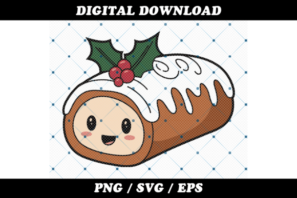 Cute Christmas Yule Log Cake with Holly Illustrations