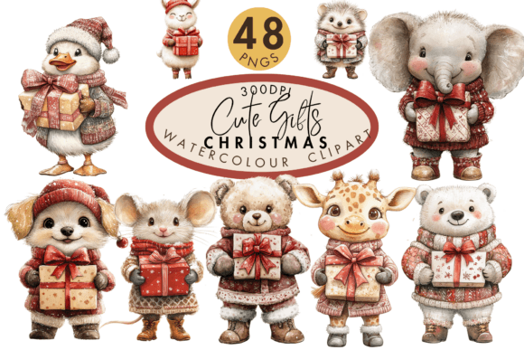 Cute Gifts Christmas Watercolor Clipart for Seasonal Illustrations