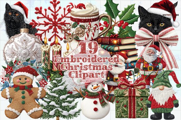Embroidered Christmas Clipart PNG for Illustrations