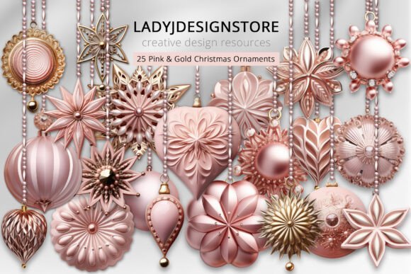 Mauve Pink and Gold Christmas Ornaments Illustrations Review