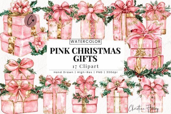 Pink Christmas Gifts Clipart for Seasonal Illustrations