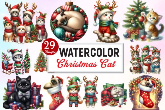Popular Color Christmas Cat Clipart for Illustrations