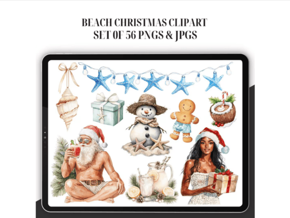 Watercolor Beach Christmas Clipart for Branding and Illustrations