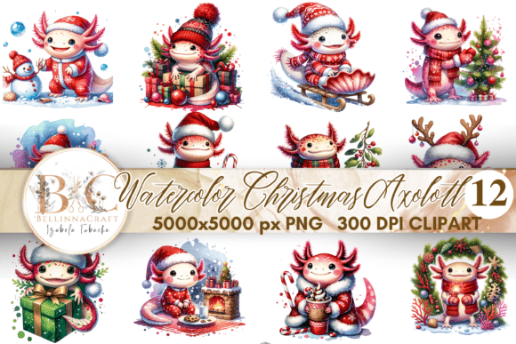 Watercolor Christmas Axolotl Clipart