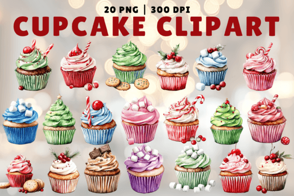 Watercolor Christmas Cupcake Clipart PNG for Modern Illustrations