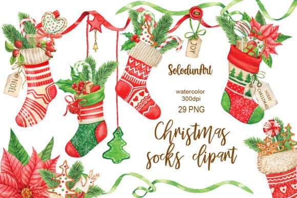 Watercolor Christmas Socks Clipart